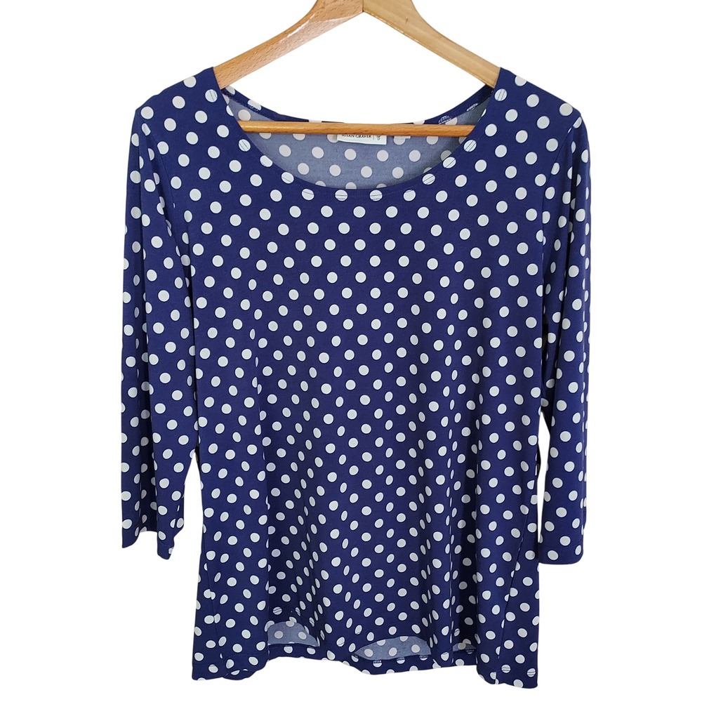 Susan Graver Liquid Knit Polka Dot Top Purple White 3/4 Sleeve Medium